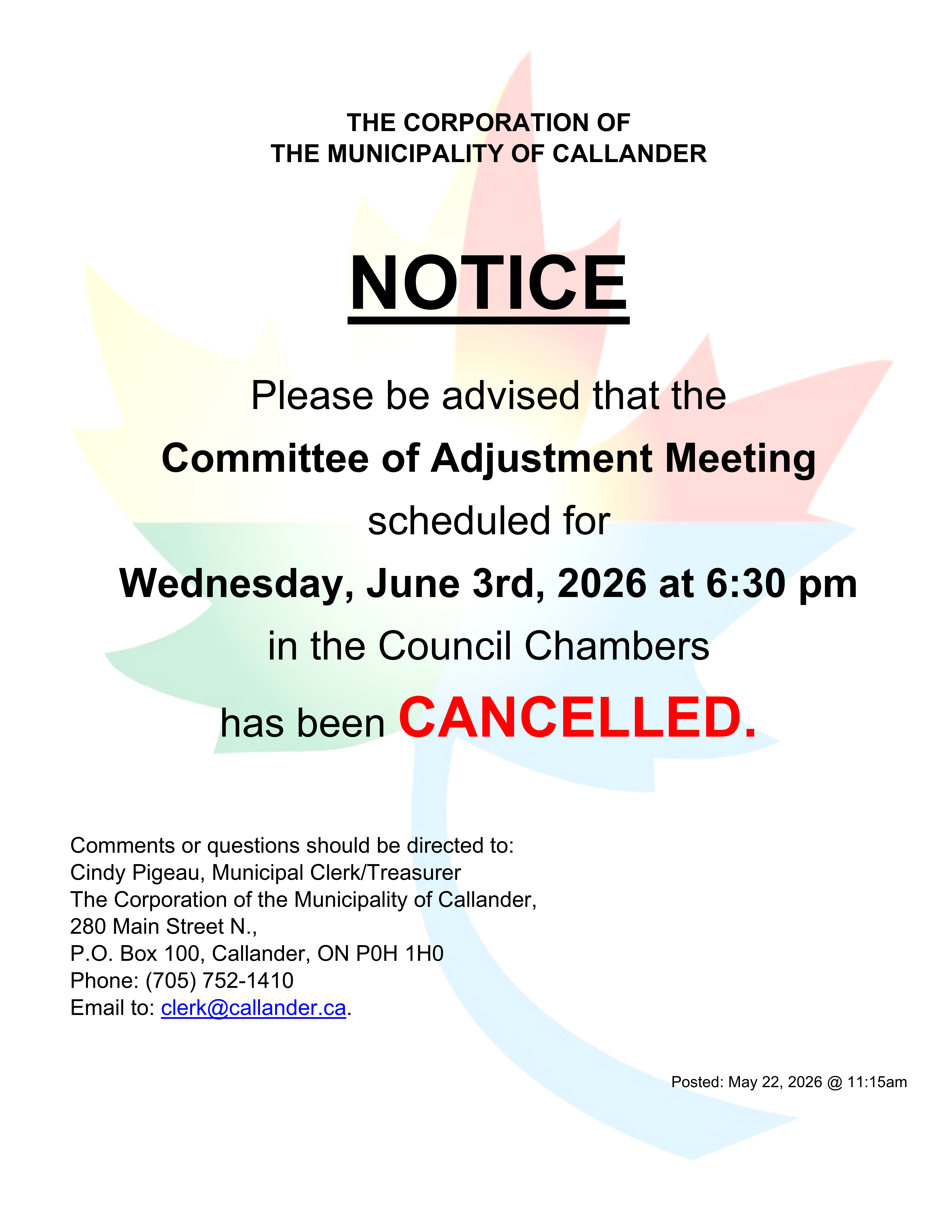 Notice of Cancellation - Committee of Adjustment Meeting